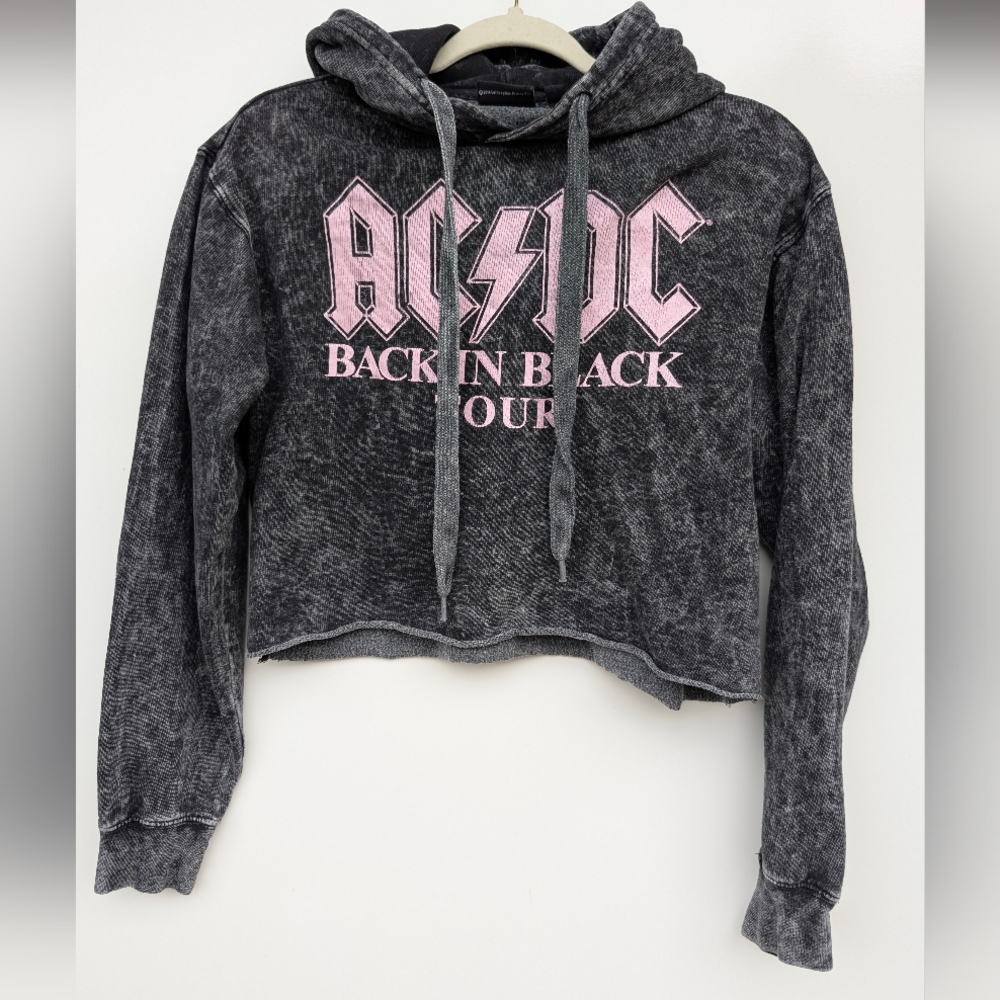 AC/DC Back in Black Tour Cropped Hoodie Acid Wash Pink Logo Women’s S